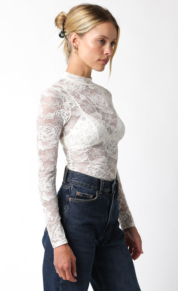 Emily Lace Top in black nylon with a delicate lace overlay and fitted silhouette.