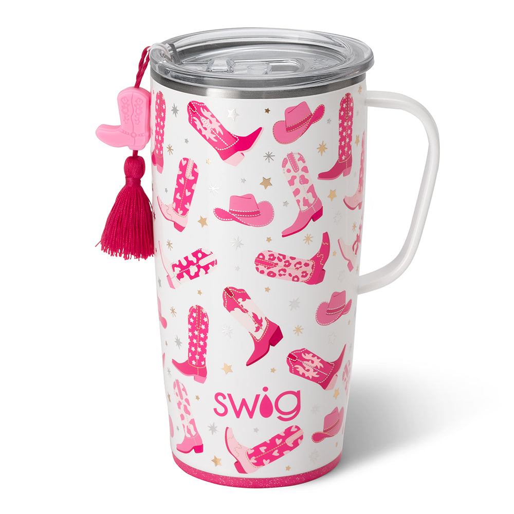 Silver stainless steel travel mug with a slim metal handle and large BPA-free lid.