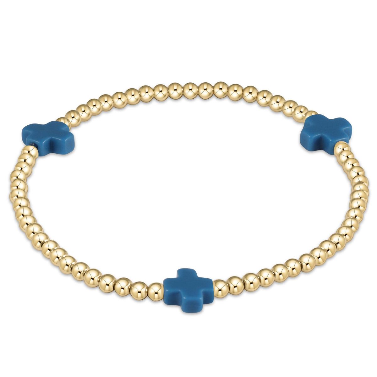 3mm gold-filled bead bracelet featuring a signature cross pendant on stretch elastic.