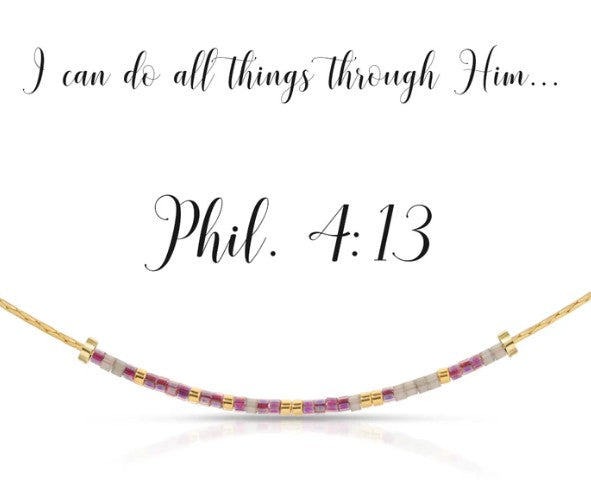 Philippians 4:13 Morse code necklace with gold, purple, and grey beads on a gold chain.