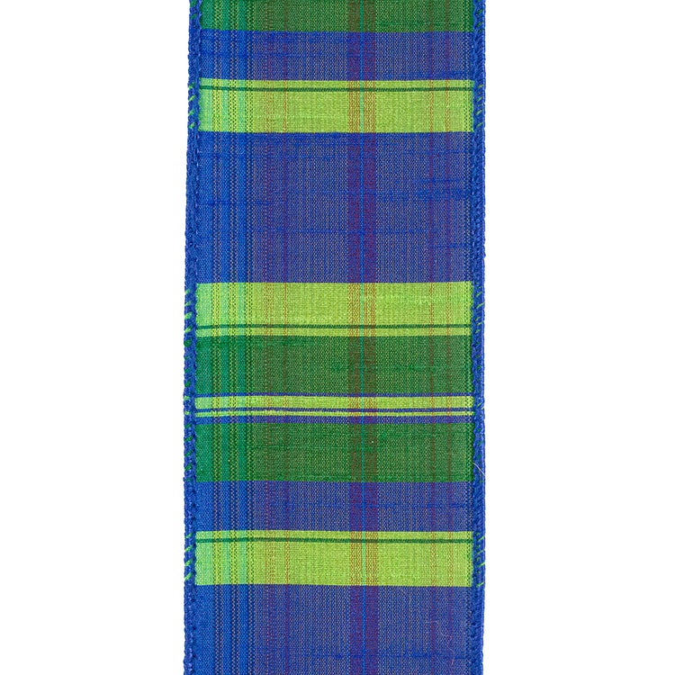 Blue and green plaid wired edge ribbon with a rainforest dupioni pattern.