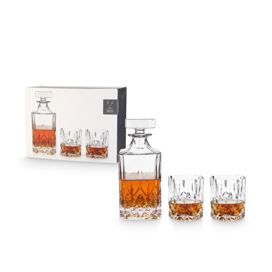 Clear crystal liquor decanter with cross-hatched sides and stopper