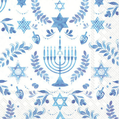 Square paper Hanukkah lunch napkin with classic blue Star of David pattern on white background.