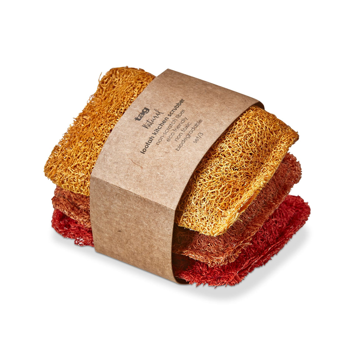 Set of three natural loofah kitchen scrubbers in yellow, orange, and red with a paper band.