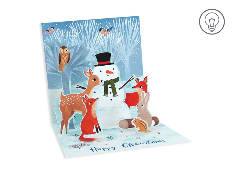 White Forest Snowman Christmas card with glitter finish inside