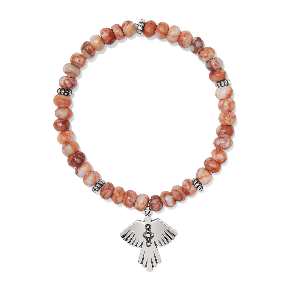 Mosaic Mojave Flight stretch bracelet with red jasper beads and a silver-plated bird charm.