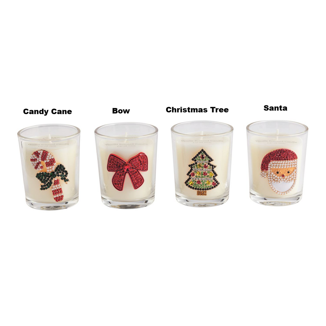 Four glass votive candles with beaded icons: Candy Cane, Bow, Christmas Tree, and Santa.