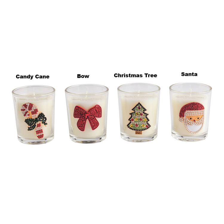 Four glass votive candles with beaded icons: Candy Cane, Bow, Christmas Tree, and Santa.