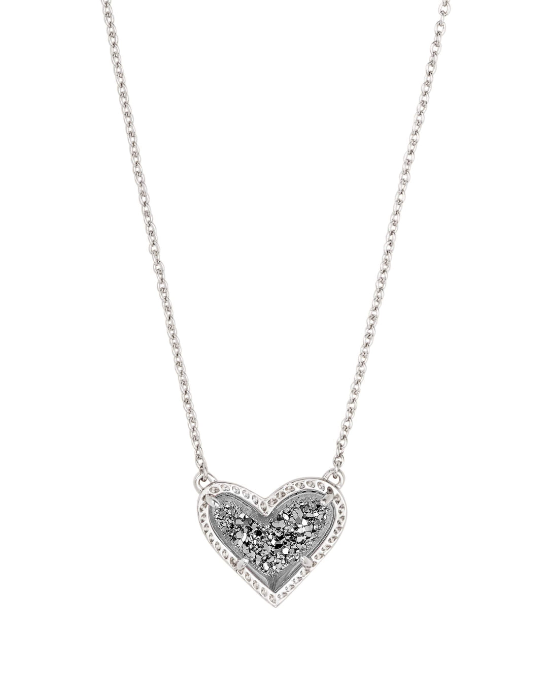Ari Heart Short Pendant Necklace in silver with a sparkling druzy heart-shaped pendant.