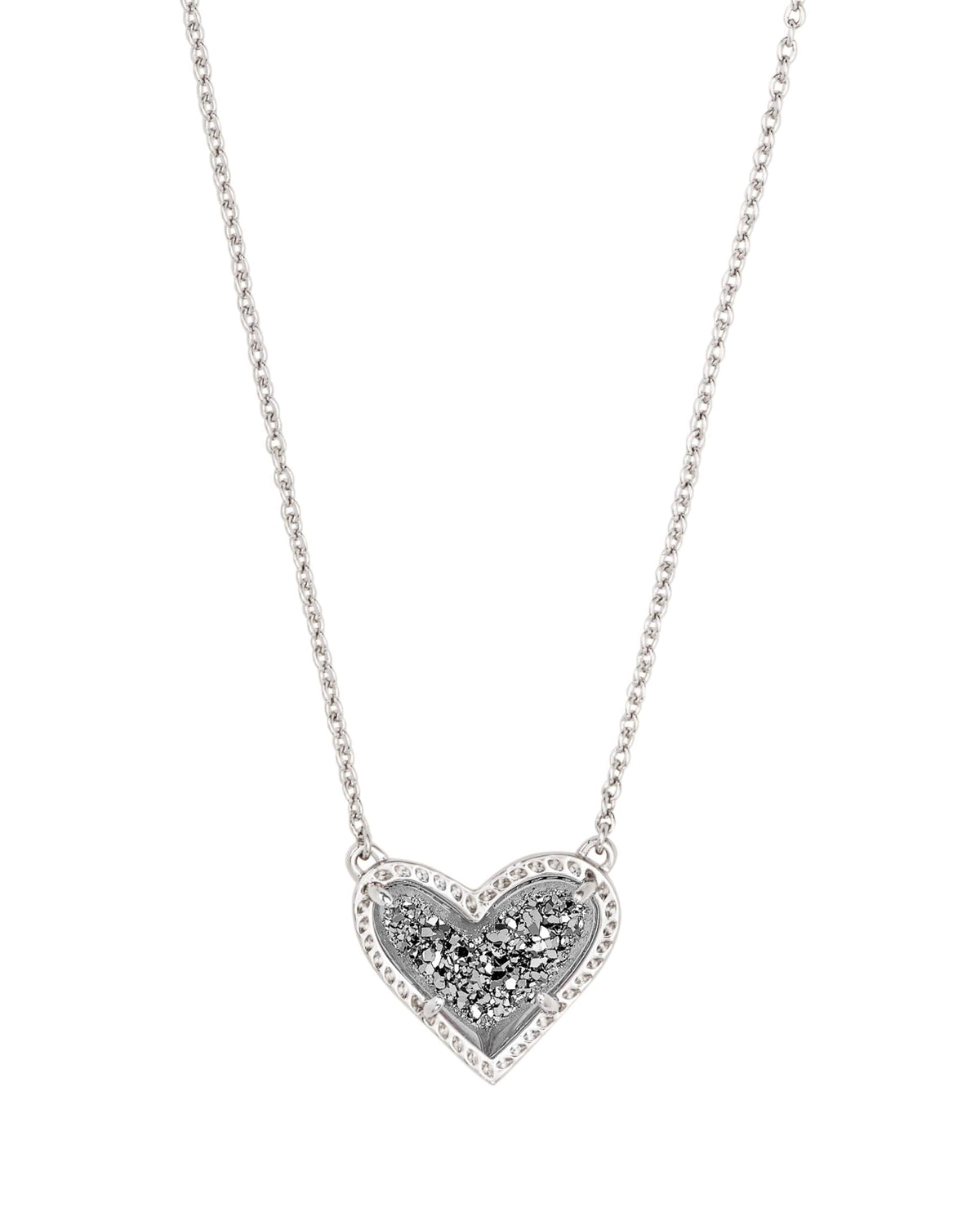Ari Heart Short Pendant Necklace in silver with a sparkling druzy heart-shaped pendant.
