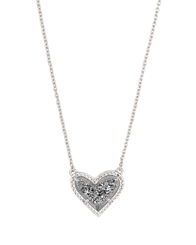 Ari Heart Short Pendant Necklace in silver with a sparkling druzy heart-shaped pendant.