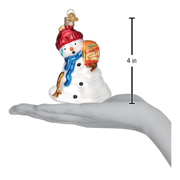 Flamin' Hot Cheetos Snowman glass ornament held in a hand, measuring 4 inches tall.