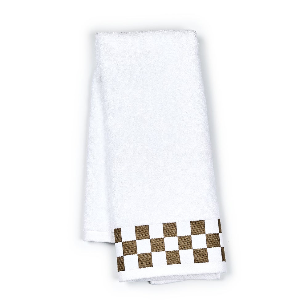 Cotton hand towel with check border in beige and brown tones