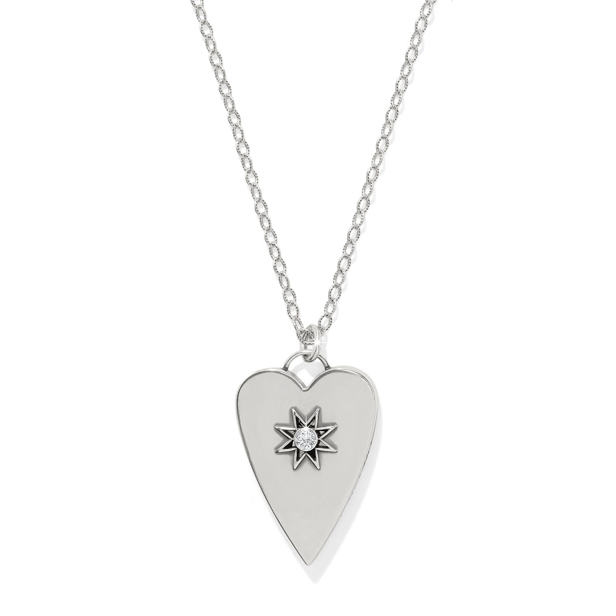Silver-plated reversible long pendant necklace with multi-colored crystals on a silver chain.
