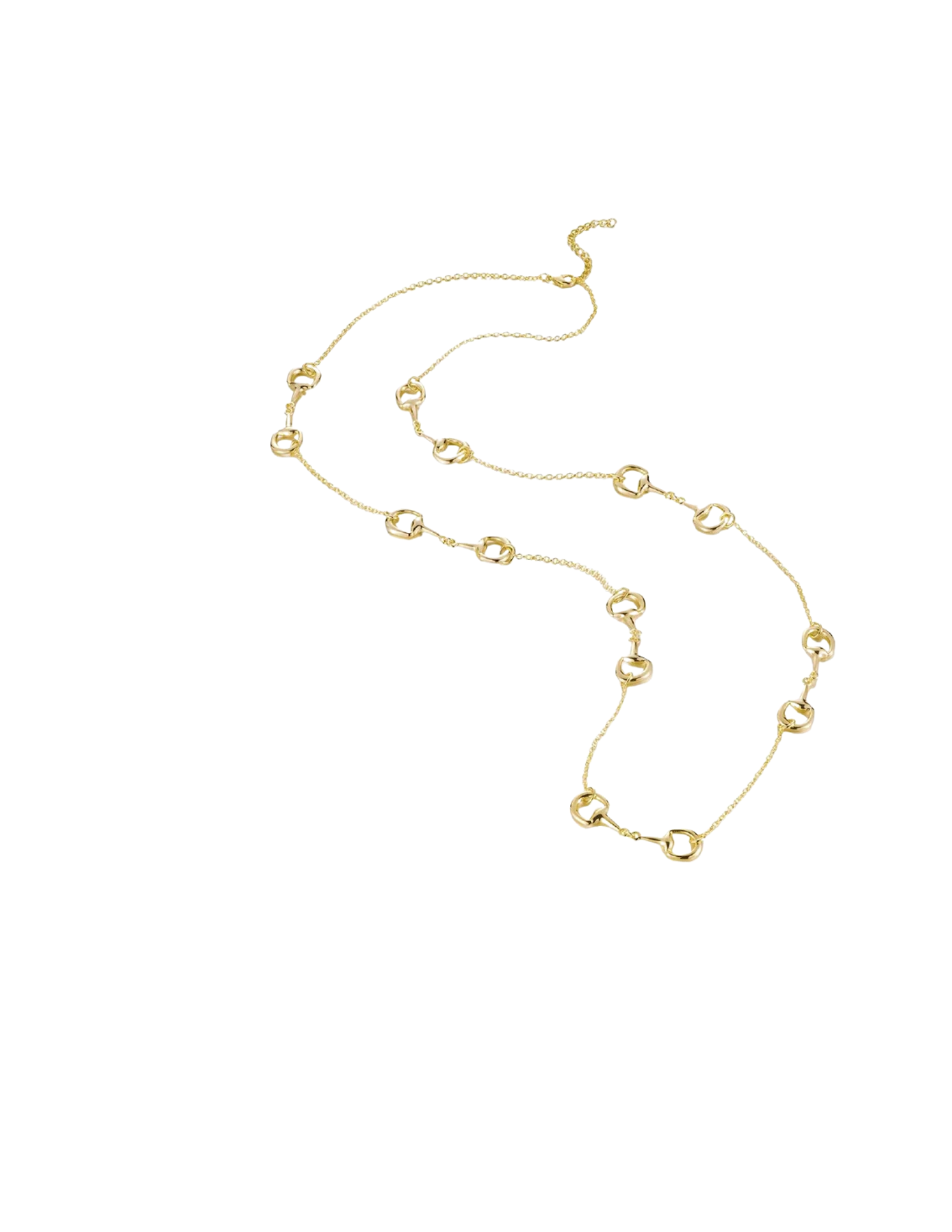 Gold horse bit station necklace featuring a delicate chain with multiple horse bit motifs.
