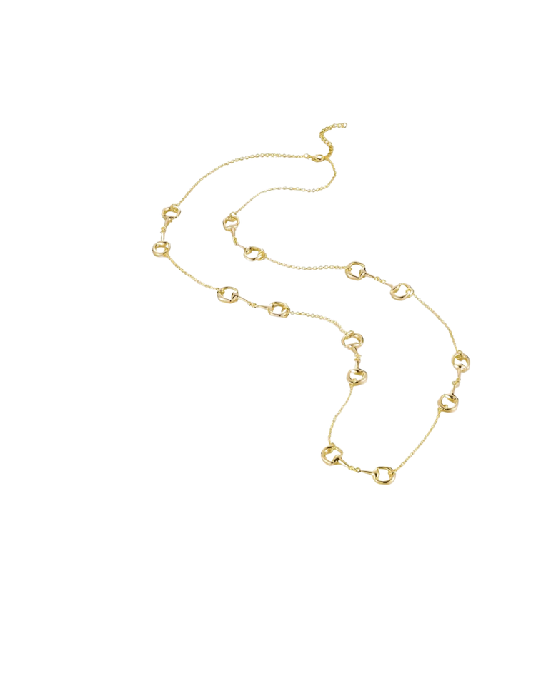 Gold horse bit station necklace featuring a delicate chain with multiple horse bit motifs.