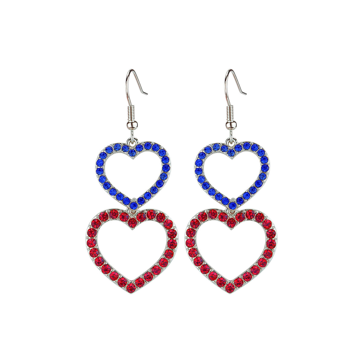 Silver dangle earrings with two heart shapes, one blue and one red, adorned with rhinestones.