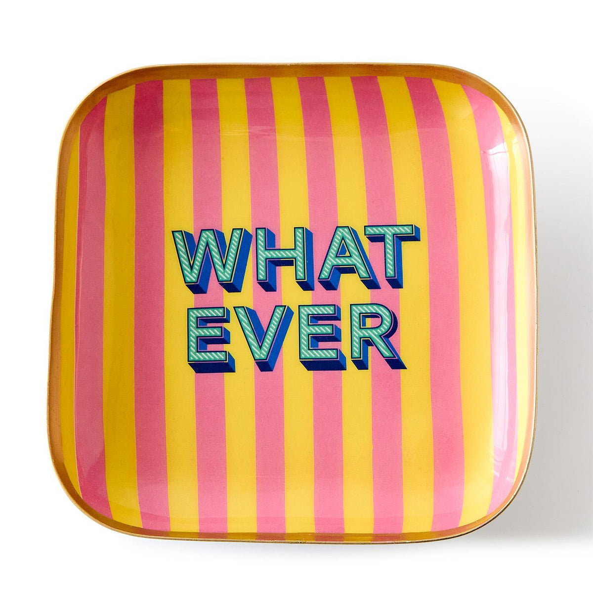 Iron trinket tray with enamel finish featuring decorative sayings on a rectangular silhouette