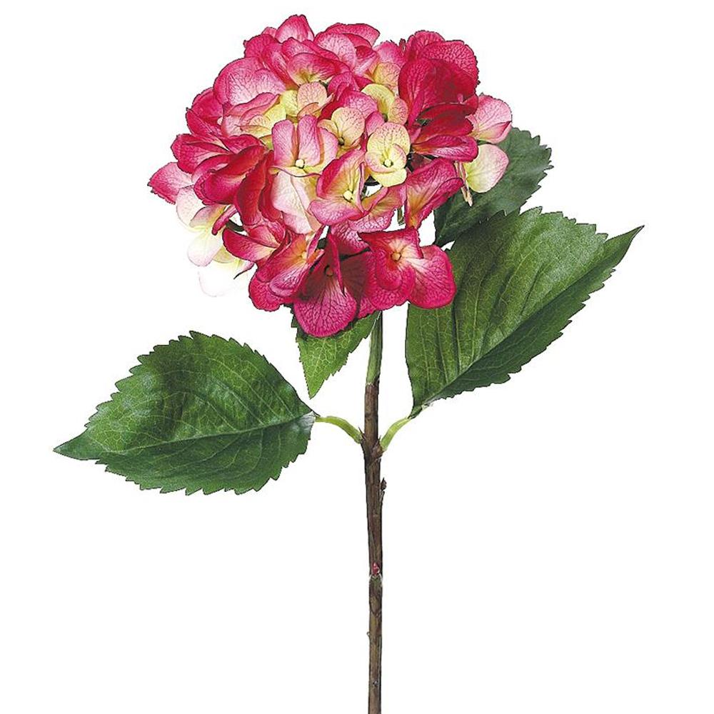 Artificial hydrangea spray with blue blooms on a green stem.
