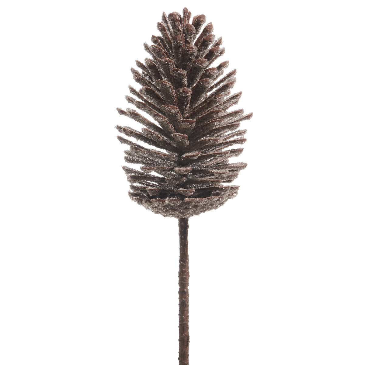 15 inch iced pinecone stem with a brown pinecone and a thin brown stem on a white background.