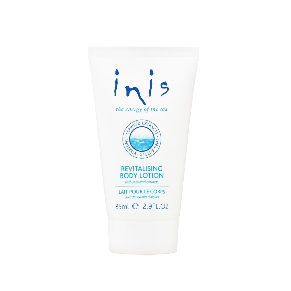 Inis Travel Size Body Lotion bottle with a white pump dispenser against a neutral background.