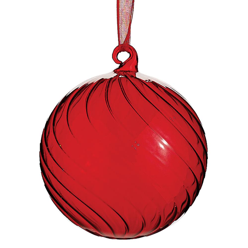 4-inch red glass ball ornament with a swirled texture and matching hanging ribbon.
