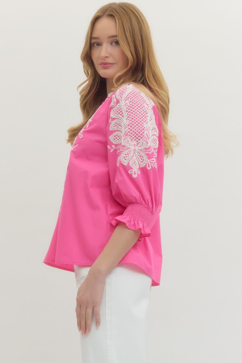 Madelyn Solid Embroidered ¾ Sleeve Top