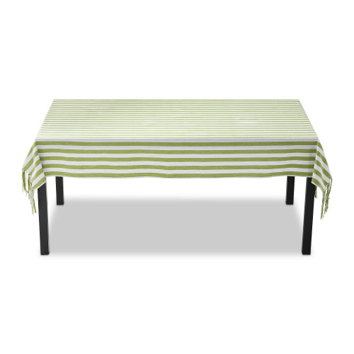 Green cotton tablecloth with white stripe pattern