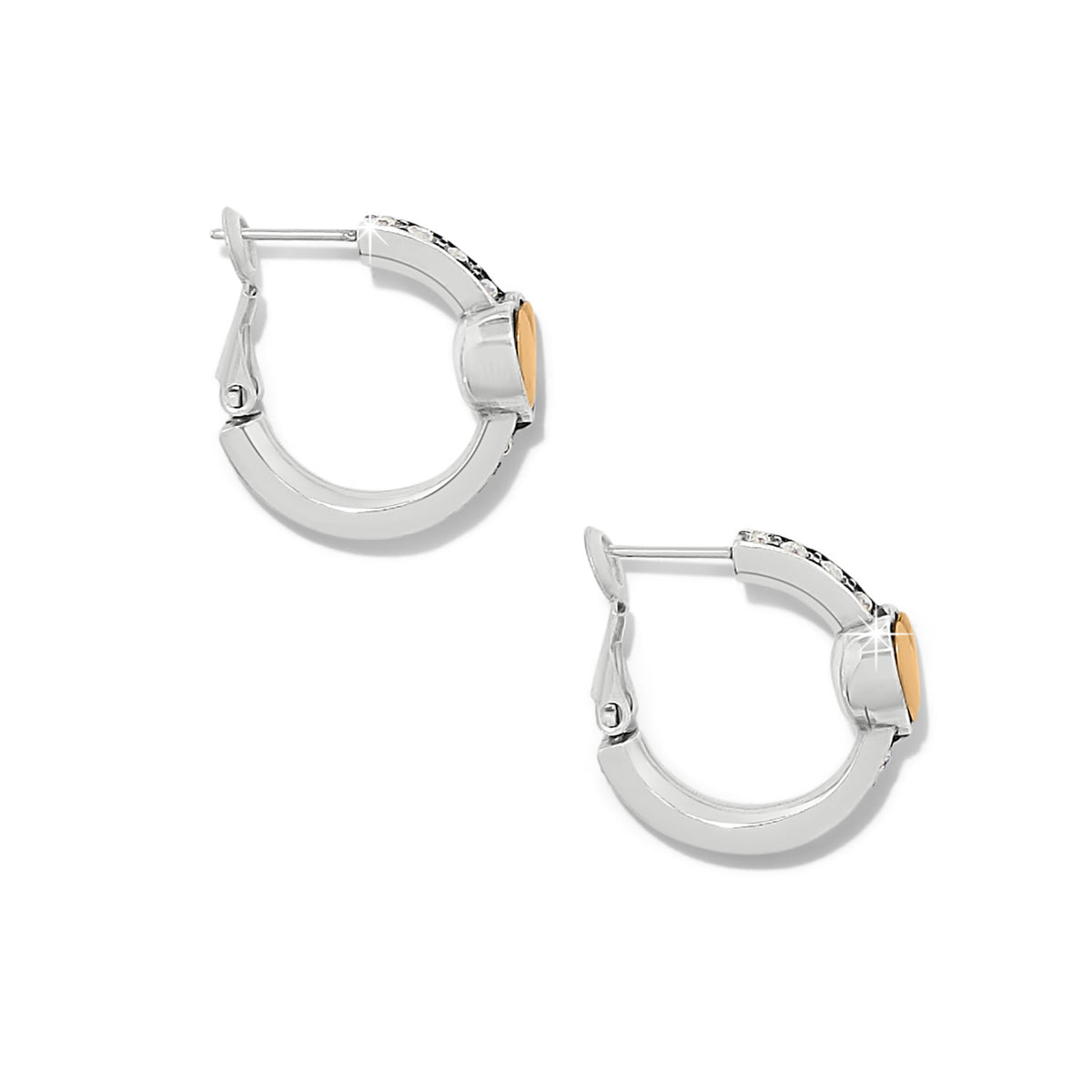 Mystery of Love two-tone silver and gold heart hoop earrings with crystal accents.