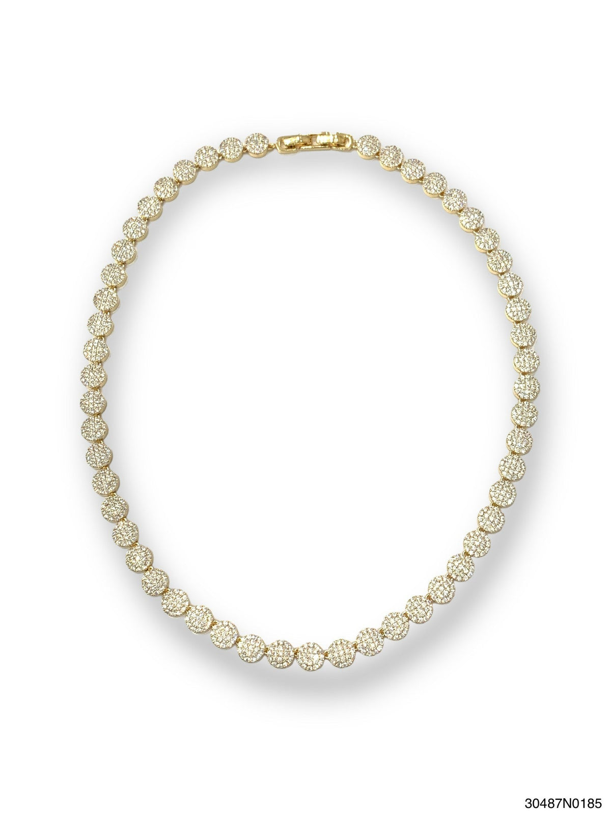 Gold CZ eternity necklace with a delicate pierced post chain.