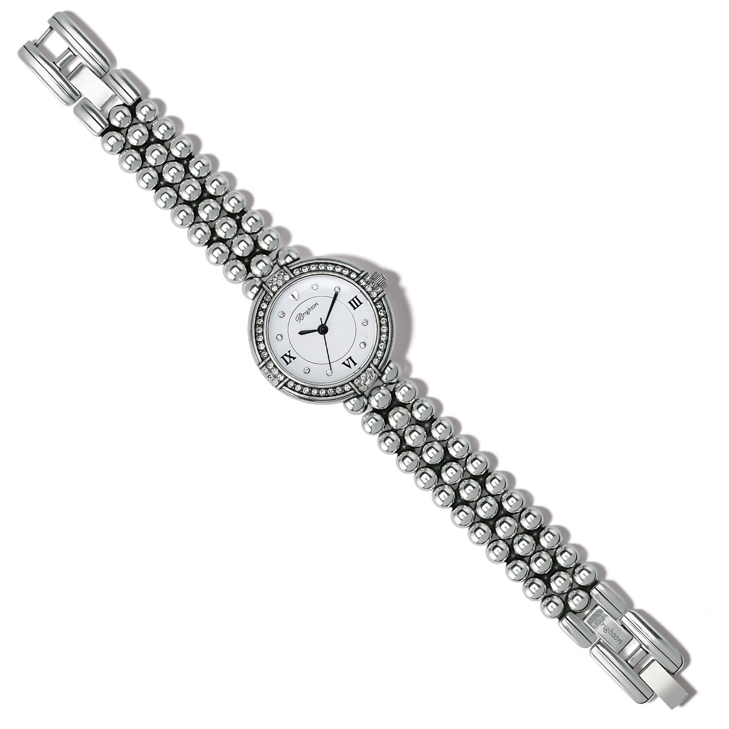 Silver plated La Rochelle watch with removable ball links, fold-over clasp, and crystal face.