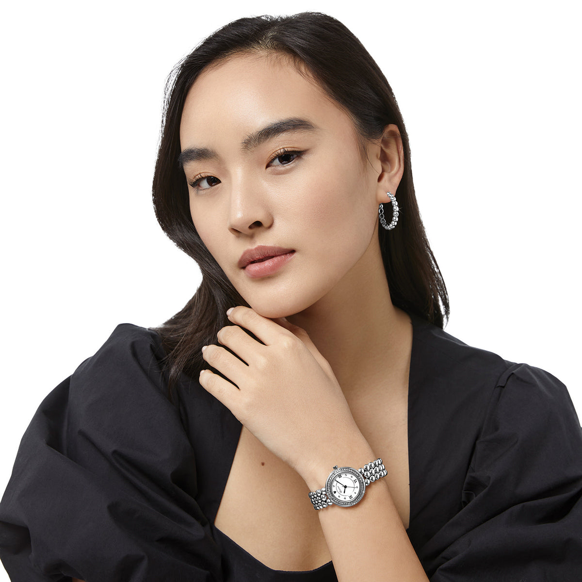 Silver plated La Rochelle watch with fine quality crystals on a fold-over clasp bracelet featuring removable links.