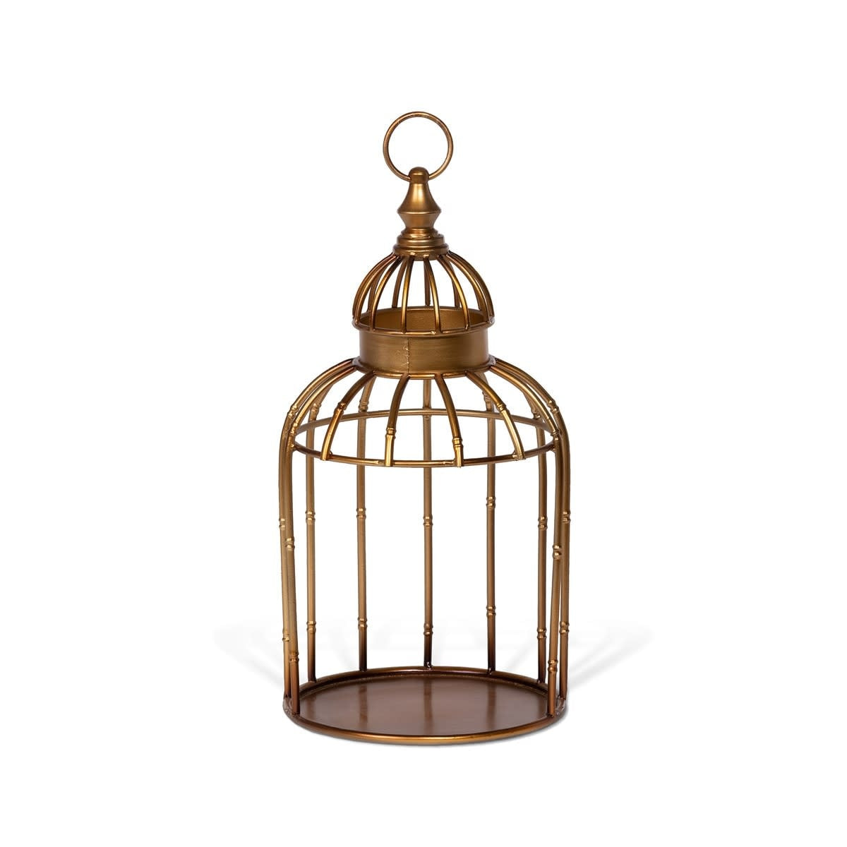 Golden steel hanging bird cage shelf with square frame and open grid pattern.