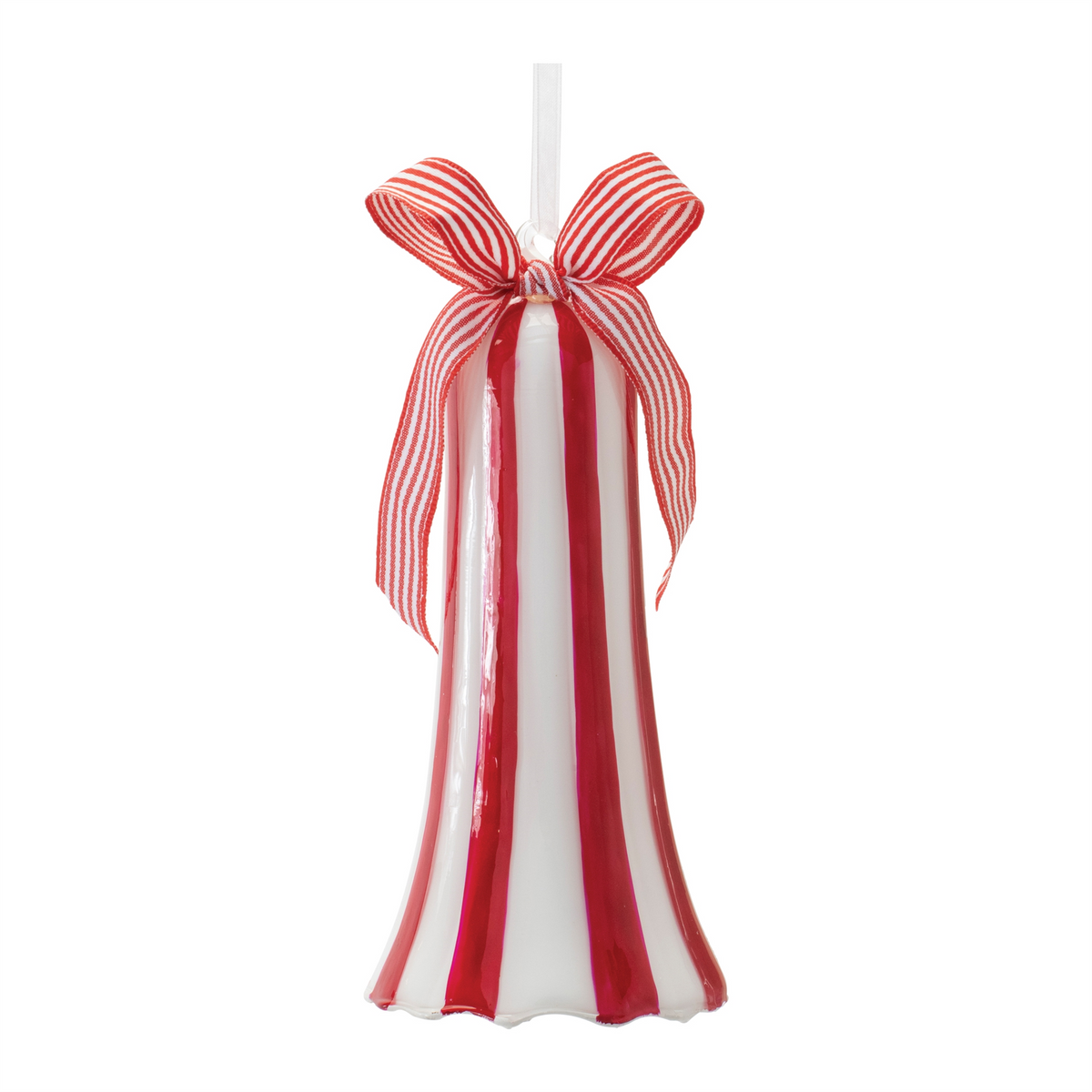 7-inch tall glass bell ornament with red and white vertical stripes and a matching striped bow.