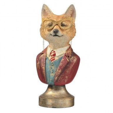 12.5 inch resin fox bust wearing gold glasses, a red jacket, blue vest, and striped tie.