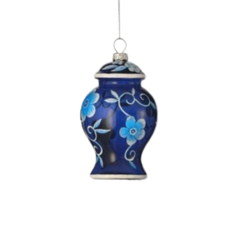Blue glass floral urn Christmas ornament with light blue flower patterns and silver hanging wire.