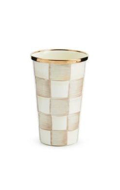 Mocha Check 10 Ounce Tumbler with a hand-painted brown and white checkered pattern and gold rim.