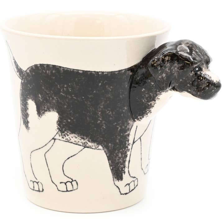White ceramic mug featuring a hand-painted Labradoodle illustration with brown fur accents.
