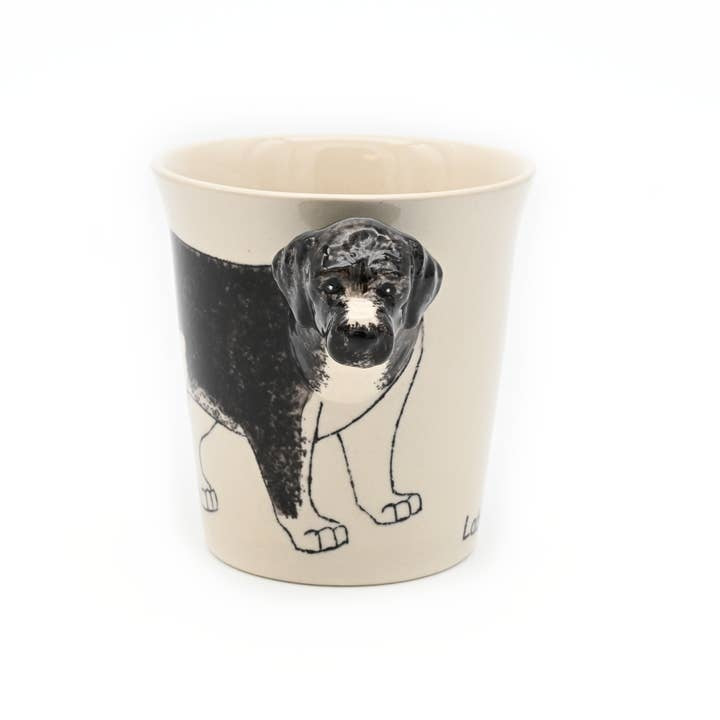 White ceramic mug featuring a hand-painted Labradoodle illustration with brown fur.