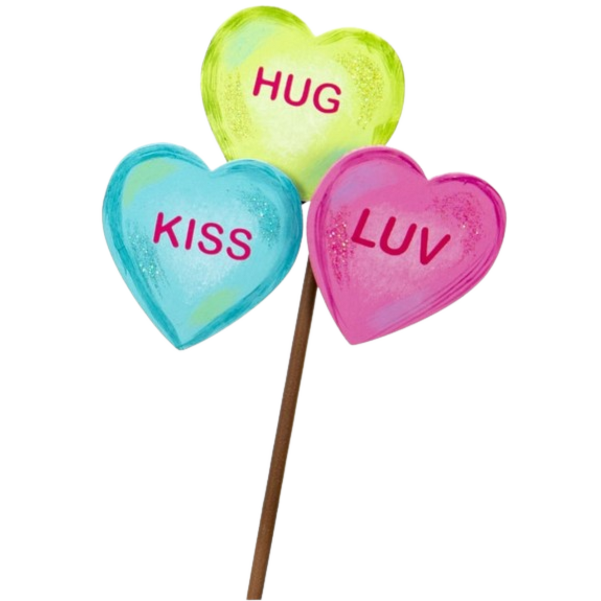 Three heart-shaped wooden stakes with a talking feature.