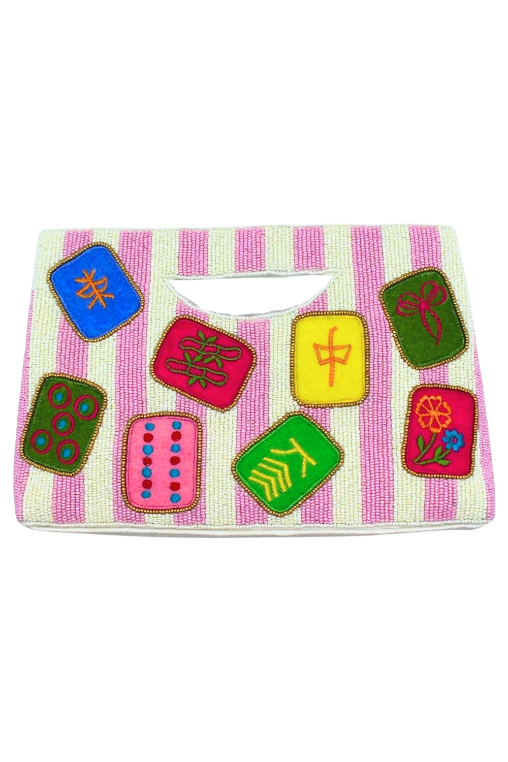 Pink and white striped hand-beaded clutch with colorful Mahjong tile embroidered patches.