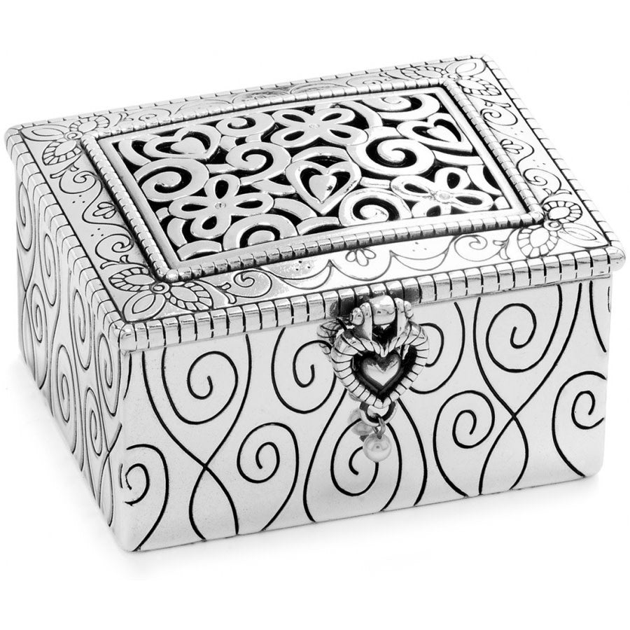 Silver plated metal daisy-shaped jewel box with fine quality crystal and pearl dangling accents.