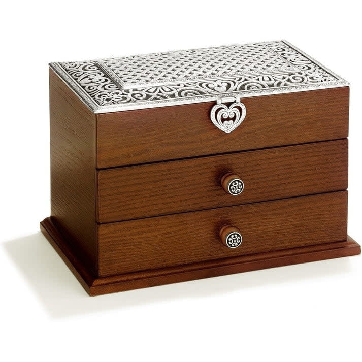 Silver-plated Lacie Daisy jewelry chest with latch closure holding treasures.