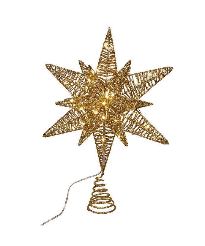 Pre-lit gold starburst treetop with warm white micro LED lights on an iron frame.