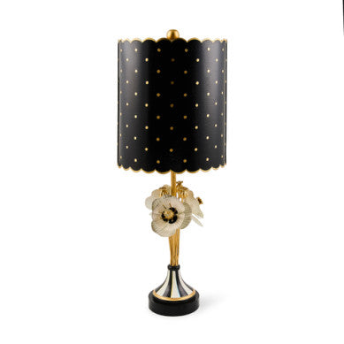 Poppy table lamp with iron base, scallop-edge metal shade in poppy red with hand-painted details and rotary knob.