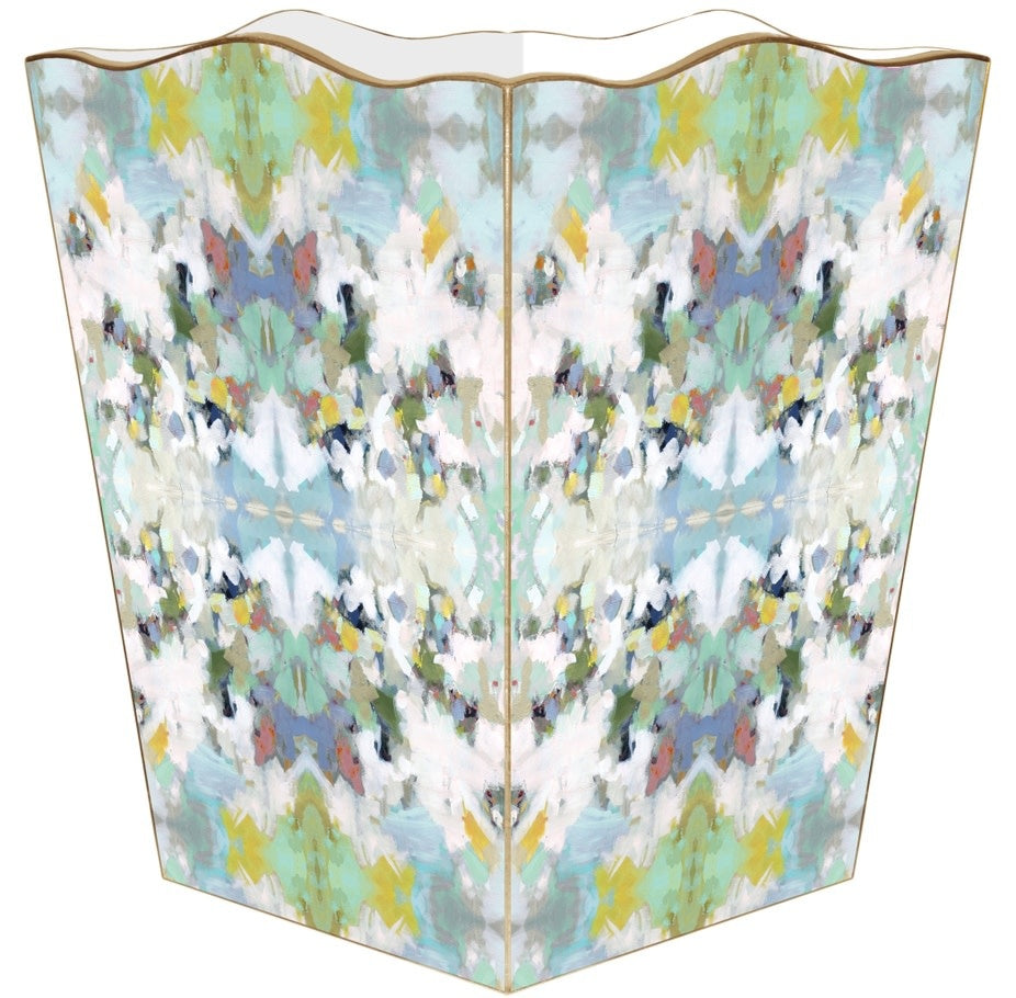 Scalloped-top wastepaper basket with gold-painted edges on a water-resistant exterior.