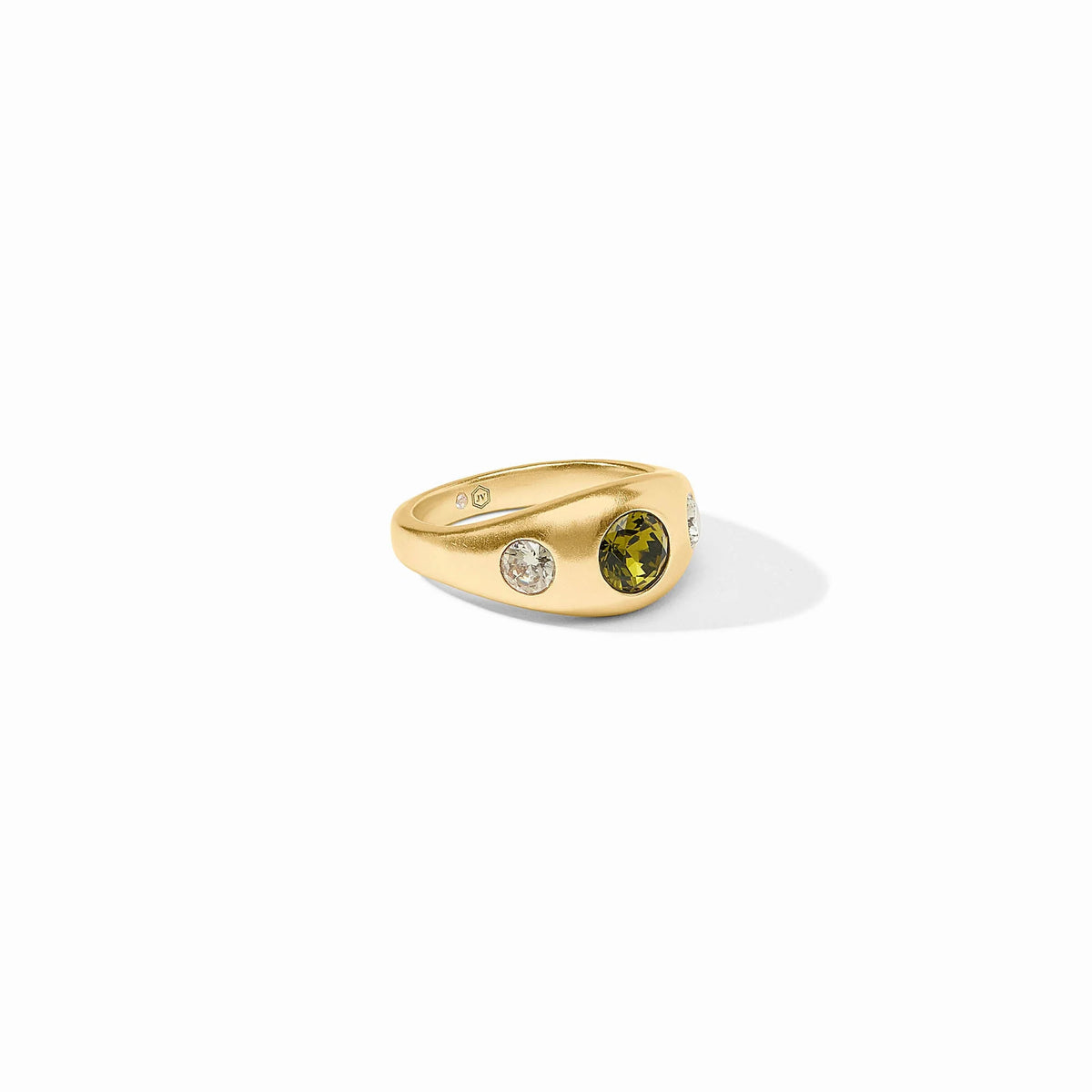 Rainbow signet ring with 24K gold plate finish featuring a central cubic zirconia stone.