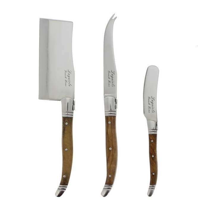 French-style Laguiole cheese knives with stainless steel blades set in olive wood handles