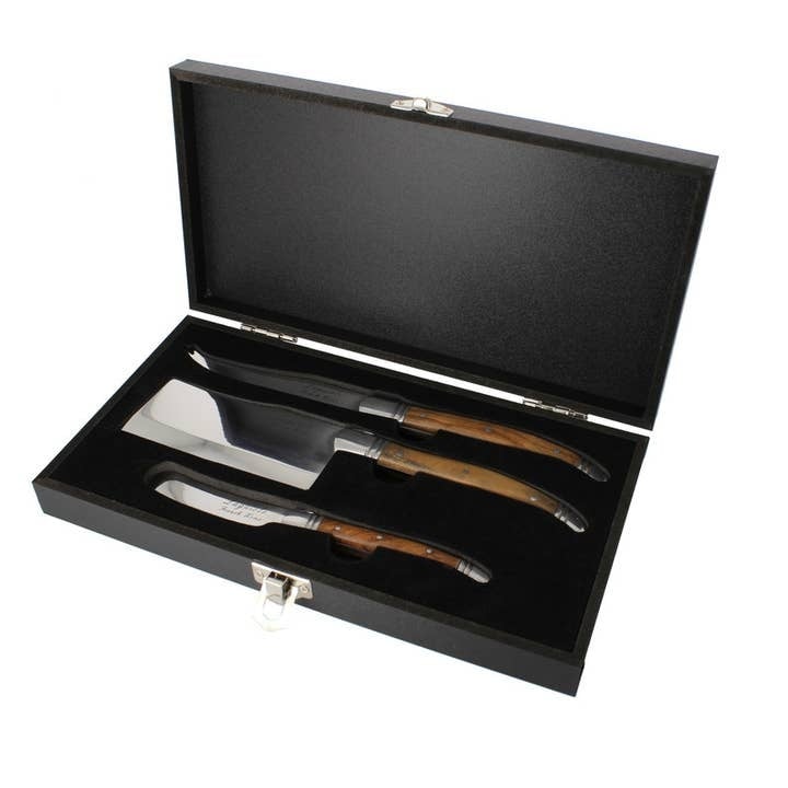 Laguiole Connoisseur olive wood cheese knife set with stainless steel blades in French-style design