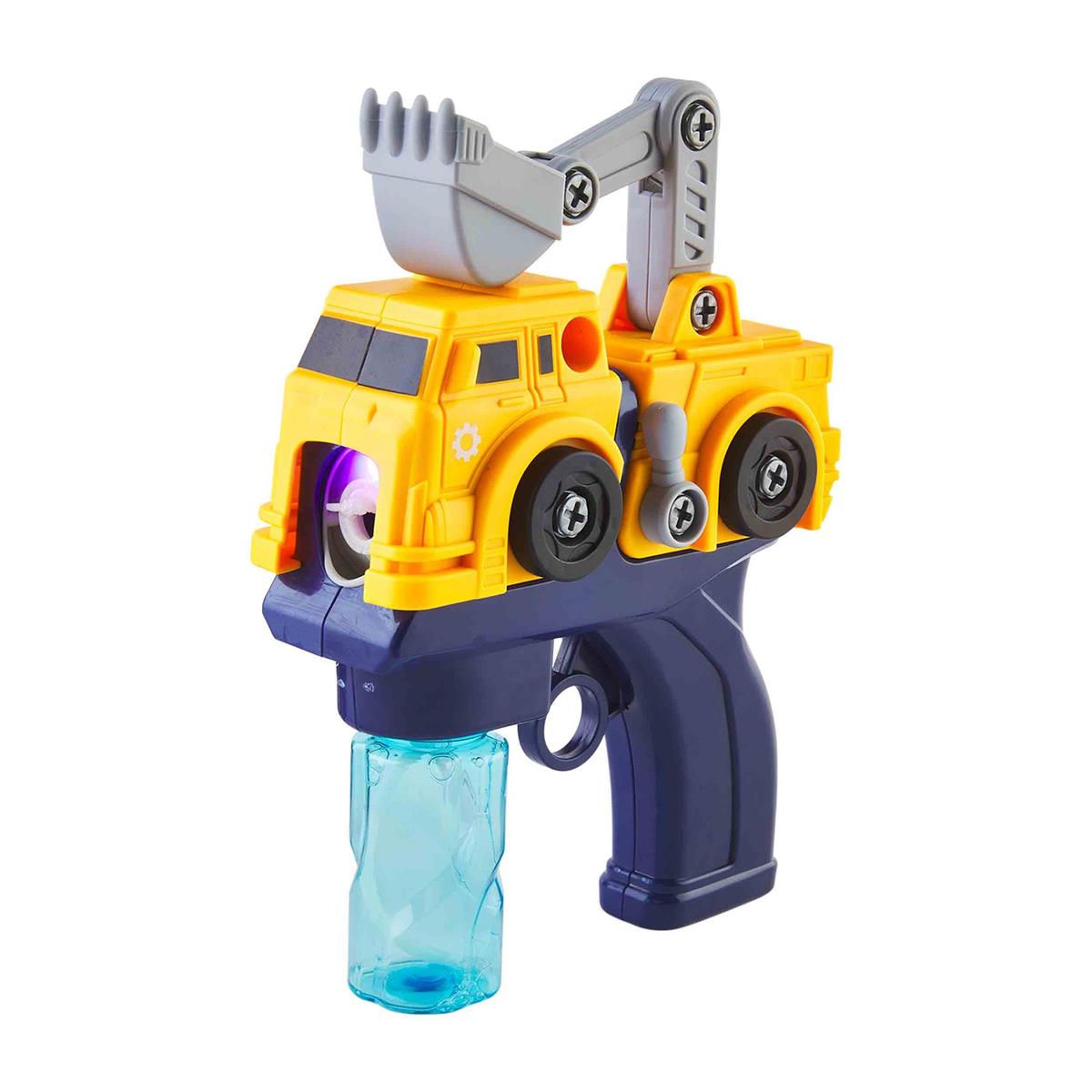 Blue plastic truck-shaped bubble maker with a handle.